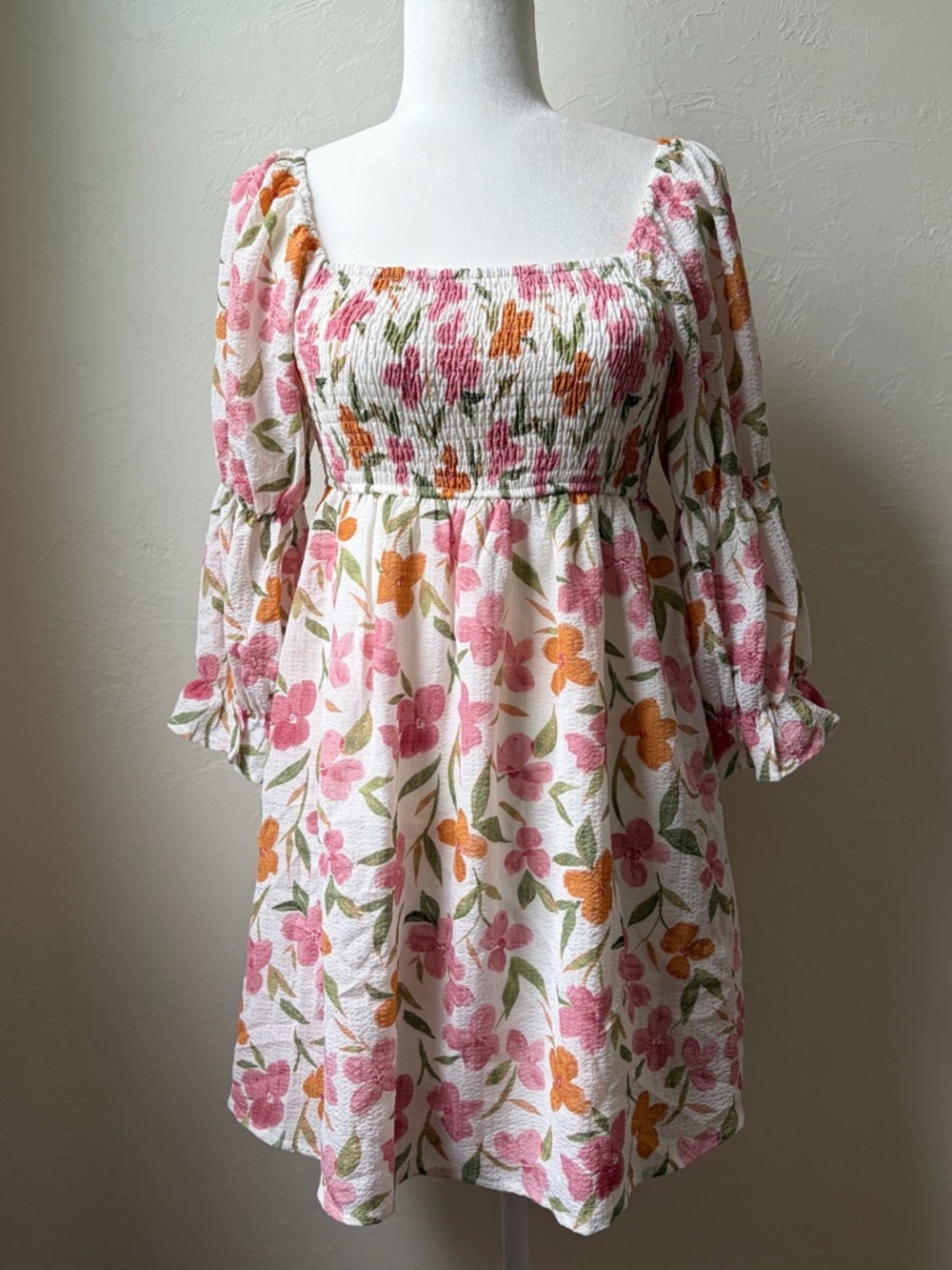 Sweet Lemon Floral Smocked Babydoll Mini Dress Puff Sleeve Cottagecore Sz S